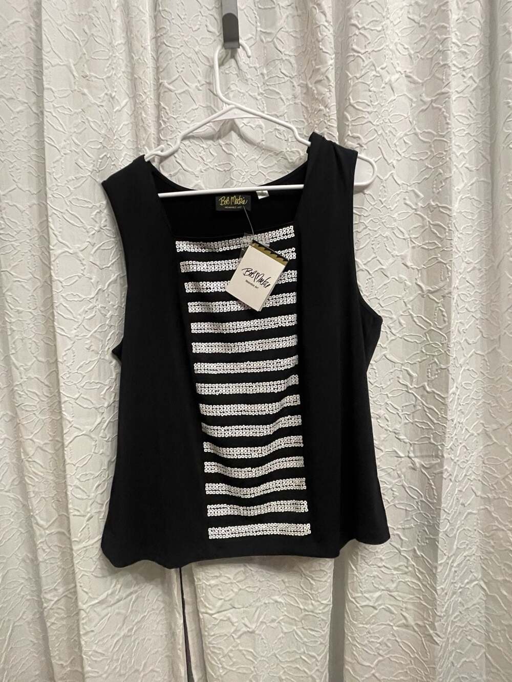 Bob Mackie Wearable Art Tank Top Size 1X Black White Sequins Sleeveless